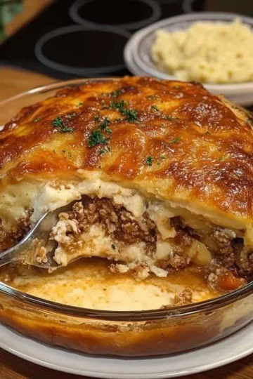 Cazuela abundante de carne y arroz con queso en un plato