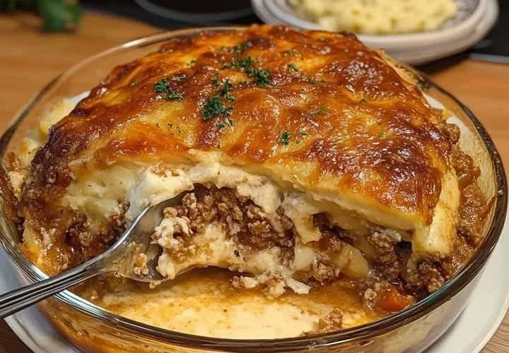 Cazuela abundante de carne y arroz con queso en un plato