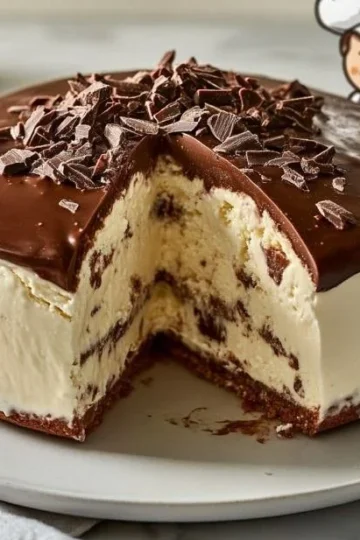 Pastel de helado colorido y apetitoso decorado con frutas y chocolate.