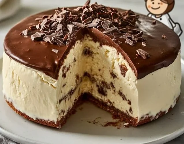 Pastel de helado colorido y apetitoso decorado con frutas y chocolate.